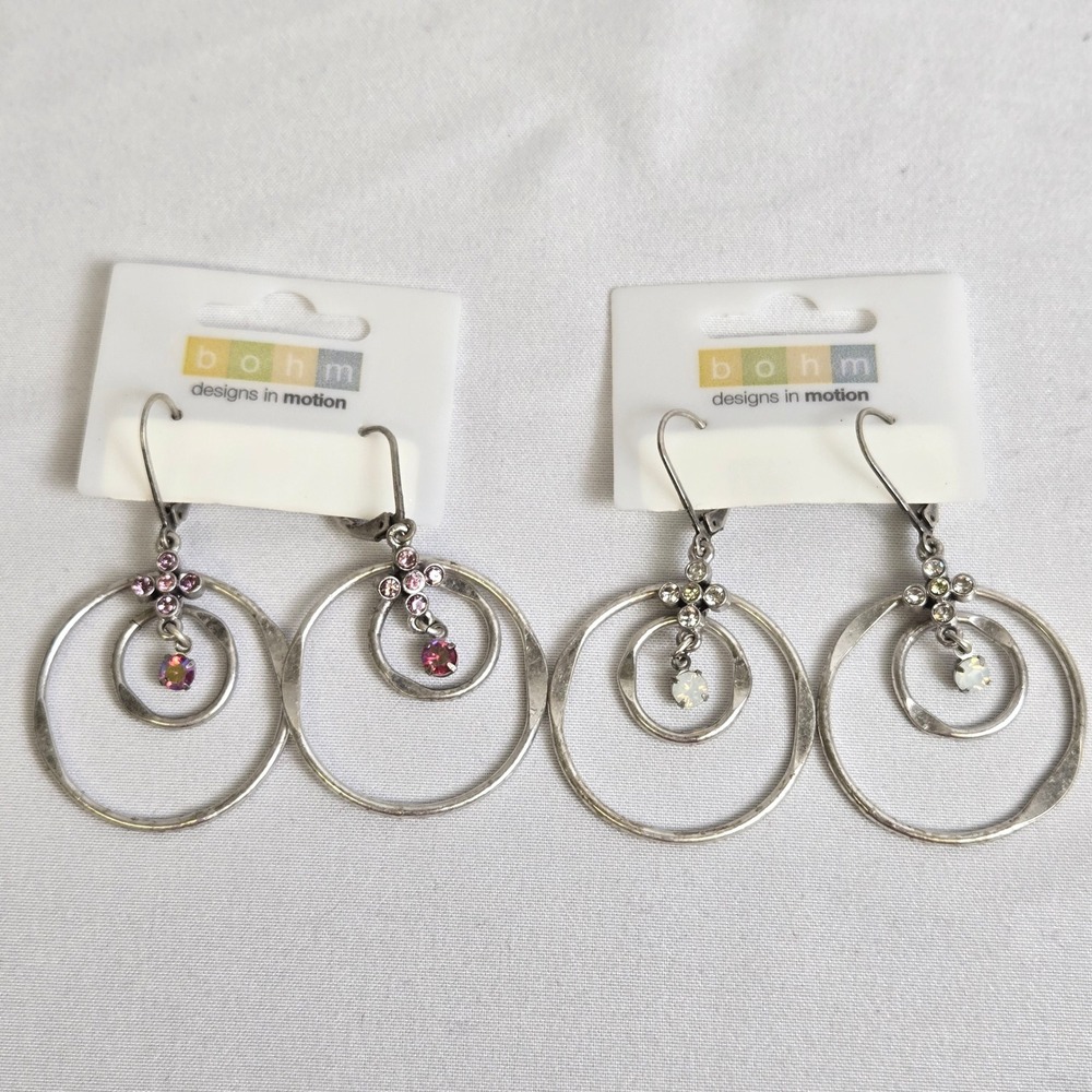 2 Pair Bohm Dangle Drop Hoop Earrings, Silver Tone, New